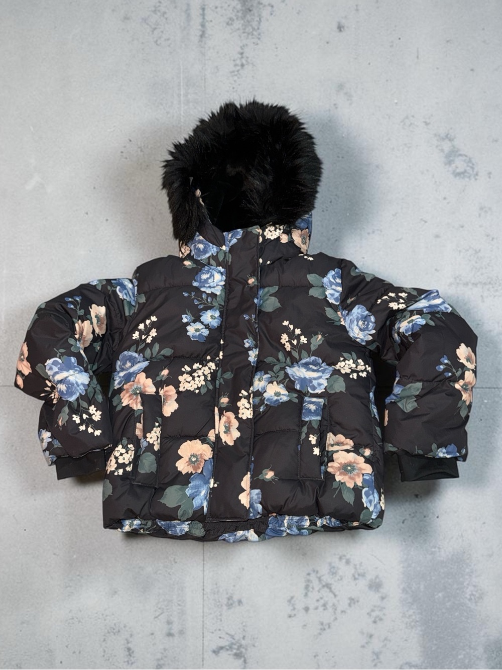Abercrombie & Fitch Kids Black Floral Puffer with Faux Fur Hood Girls (7/8)
